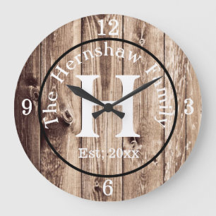 Rustic Wood Monogram Family Große Wanduhr