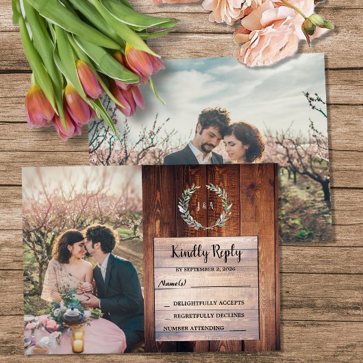 Rustic wood monogram photo Wedding budget RSVP Begleitkarte