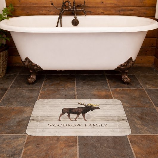 Rustic Wood Moose Family Name Shower Curtain Badematte
