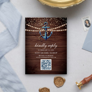 Rustic Wood Navy Blue Anchor QR Code UAWG Wedding Begleitkarte