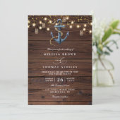 Rustic Wood Navy Blue Anchor QR Code Wedding Einladung (Stehend Vorderseite)
