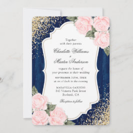 Rustic Wood Navy Blush Rose Confetti Wedding Einladung