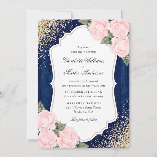 Rustic Wood Navy Blush Rose Confetti Wedding Einladung (Vorderseite)