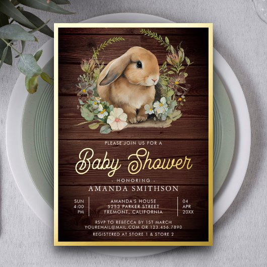 Rustic Wood Niedlich Bunny Floral Baby Dusche Gold Folieneinladung