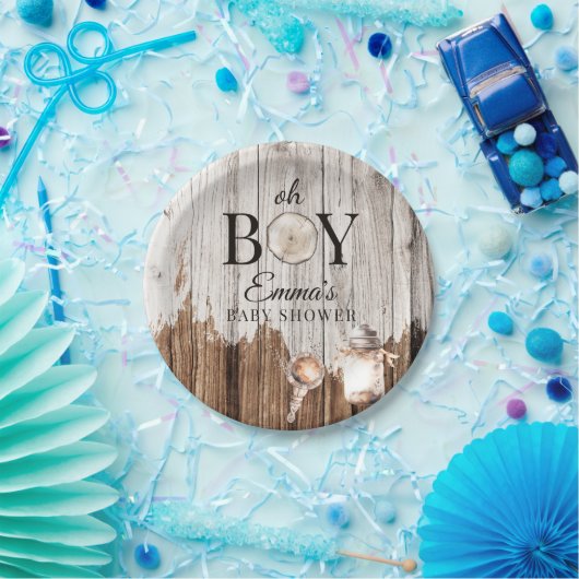 Rustic Wood Oh Boy Baby Dusche Einladung Pappteller (Party)