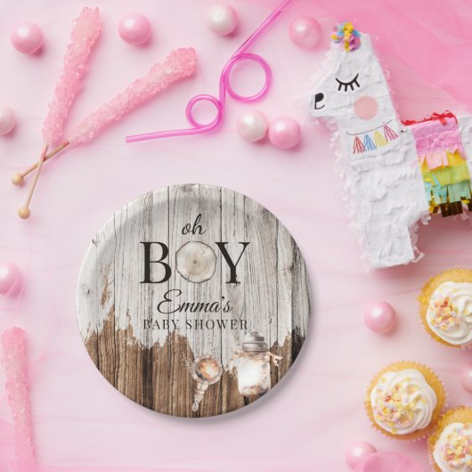 Rustic Wood Oh Boy Baby Dusche Einladung Pappteller (Party)
