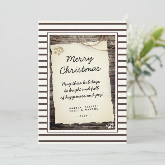Rustic Wood Old Paper Script Frohe Weihnachten (Stehend Vorderseite)