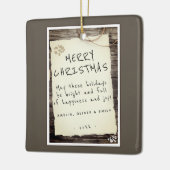 Rustic Wood Old Paper Script Frohe Weihnachten Keramikornament (Links)