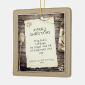 Rustic Wood Old Paper Script Frohe Weihnachten Keramikornament (Links)
