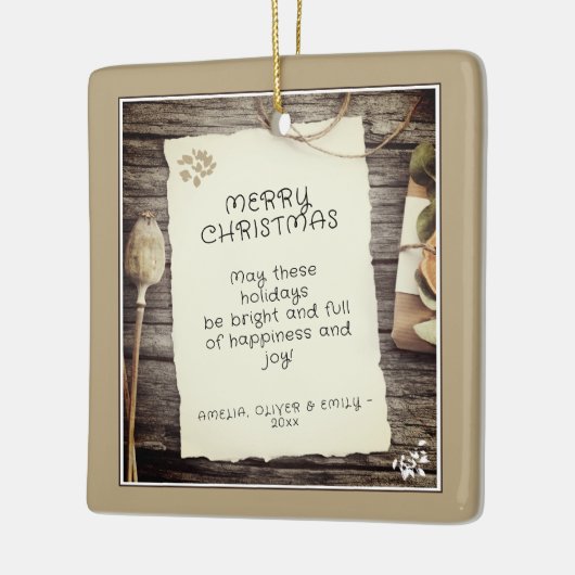 Rustic Wood Old Paper Script Frohe Weihnachten Keramikornament (Links)