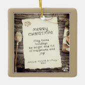 Rustic Wood Old Paper Script Frohe Weihnachten Keramikornament (Vorderseite)