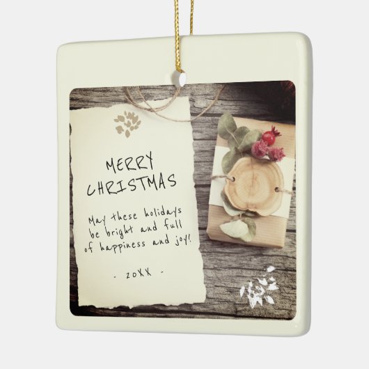Rustic Wood Old Paper Script Frohe Weihnachten Keramikornament (Links)