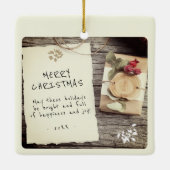 Rustic Wood Old Paper Script Frohe Weihnachten Keramikornament (Rückseite)