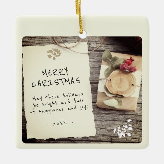 Rustic Wood Old Paper Script Frohe Weihnachten Keramikornament (Vorderseite)