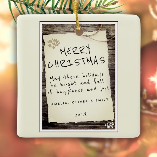 Rustic Wood Old Paper Script Frohe Weihnachten Keramikornament
