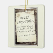 Rustic Wood Old Paper Script Frohe Weihnachten Keramikornament (Links)