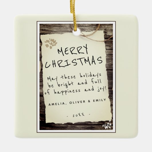 Rustic Wood Old Paper Script Frohe Weihnachten Keramikornament (Vorderseite)