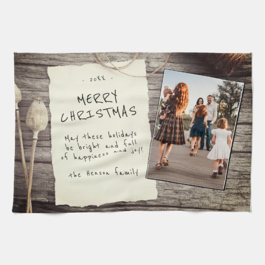 Rustic Wood Old Paper Script Weihnachtsgeschenk-Fo Geschirrtuch (Horizontal)