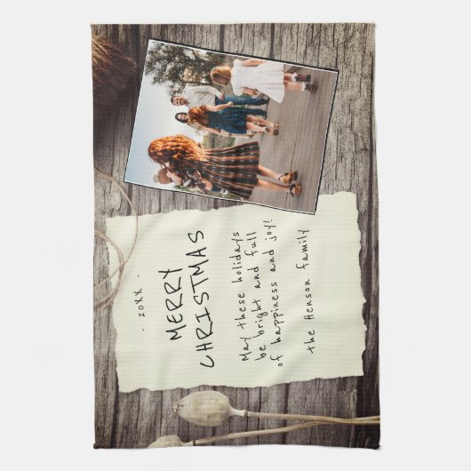 Rustic Wood Old Paper Script Weihnachtsgeschenk-Fo Geschirrtuch (Vertikal)