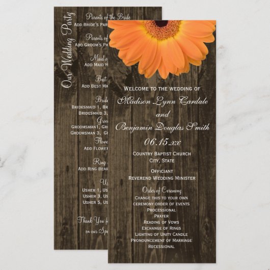 Rustic Wood Orange Gerber Daisy Wedding Programs Programm (Vorne/Hinten)