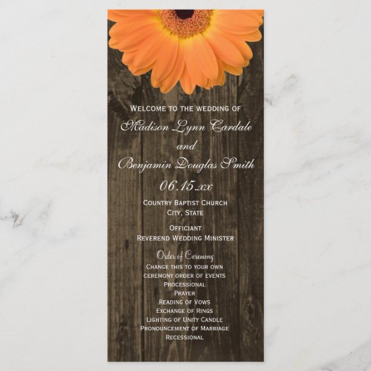 Rustic Wood Orange Gerber Daisy Wedding Programs Programm (Vorderseite)