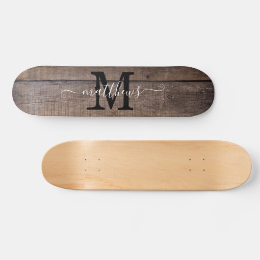 Rustic Wood Pattern Monogram Script Name Skateboard (Horizontal)