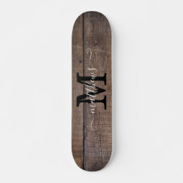 Rustic Wood Pattern Monogram Script Name Skateboard