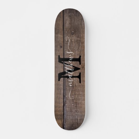Rustic Wood Pattern Monogram Script Name Skateboard (Vorne)