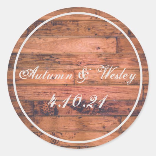 Rustic Wood Personalize Name Date Runder Aufkleber (Vorderseite)