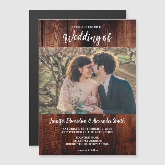 Rustic wood photo country wedding magnetic card magnetkarte (Vorne/Hinten)