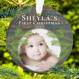 Rustic Wood Pine Baby - Erstes Weihnachtsfest-Foto Ornament