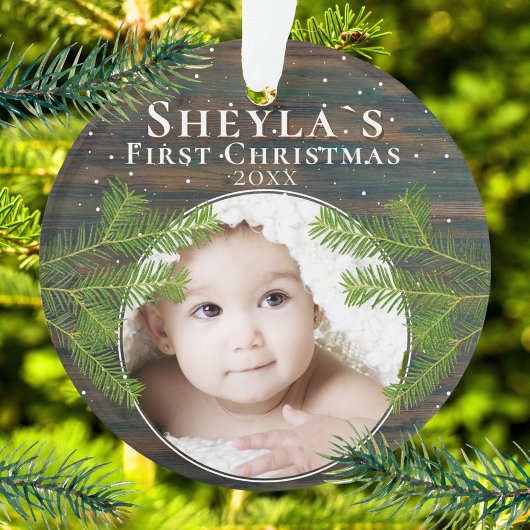 Rustic Wood Pine Baby - Erstes Weihnachtsfest-Foto Ornament