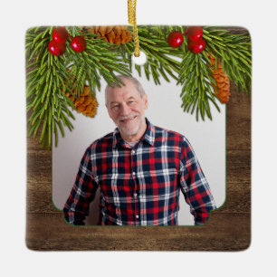 Rustic Wood Pine Boughs Gedenkstätte Foto Weihnach Keramikornament
