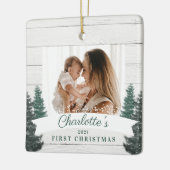Rustic Wood Pine Trees Baby First Christmas Foto Keramikornament (Links)