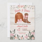 Rustic Wood Pink Boots and Bows Baby Shower Einladung (Vorderseite)