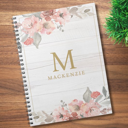 Rustic Wood Pink Floral Watercolor Monogram Notizblock