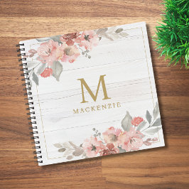 Rustic Wood Pink Floral Watercolor Monogram Notizblock