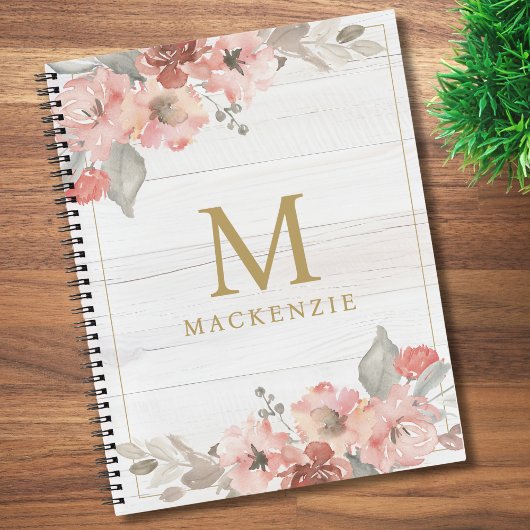 Rustic Wood Pink Floral Watercolor Monogram Notizblock