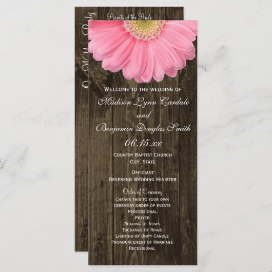 Rustic Wood Pink Gerber Daisy Wedding Programs Programm (Vorne/Hinten)
