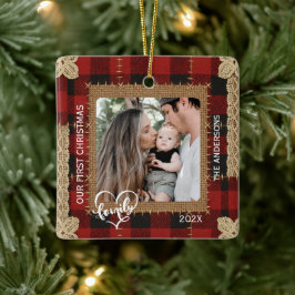 Rustic Wood Plank Plaid First Christmas Family Keramikornament