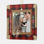 Rustic Wood Plank Plaid First Christmas Family Keramikornament (Links)
