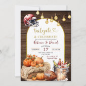Rustic Wood Pumpkin Football Couple Polterabend Einladung (Vorderseite)