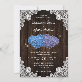 Rustic Wood Purple and Blue Floral Hearts Wedding Einladung