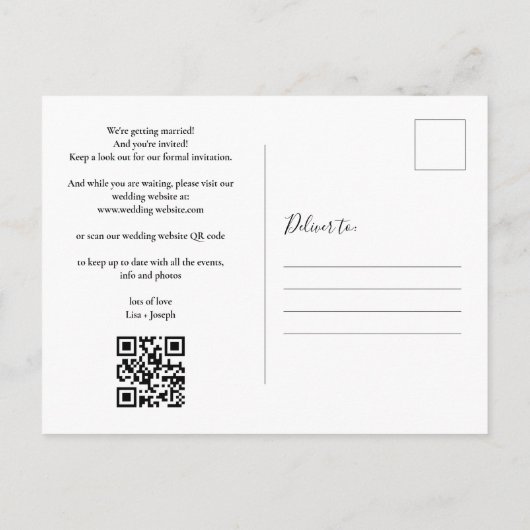 Rustic Wood QR Code Skript Hochzeit speichern Sie  Postkarte (Rückseite)