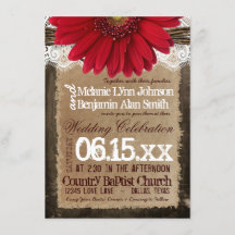 Rustic Wood Red Daisy Country Wedding Einladungen