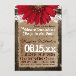 Rustic Wood Red Daisy Country Wedding Einladungen