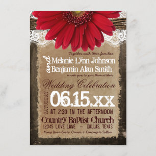 Rustic Wood Red Daisy Country Wedding Einladungen