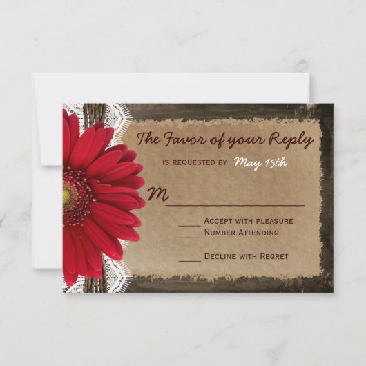 Rustic Wood Red Daisy Country Wedding RSVP Cards Karte (Vorderseite)