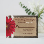 Rustic Wood Red Daisy Country Wedding RSVP Cards Karte (Stehend Vorderseite)