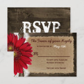 Rustic Wood Red Daisy Country Wedding RSVP Cards Karte (Vorne/Hinten)